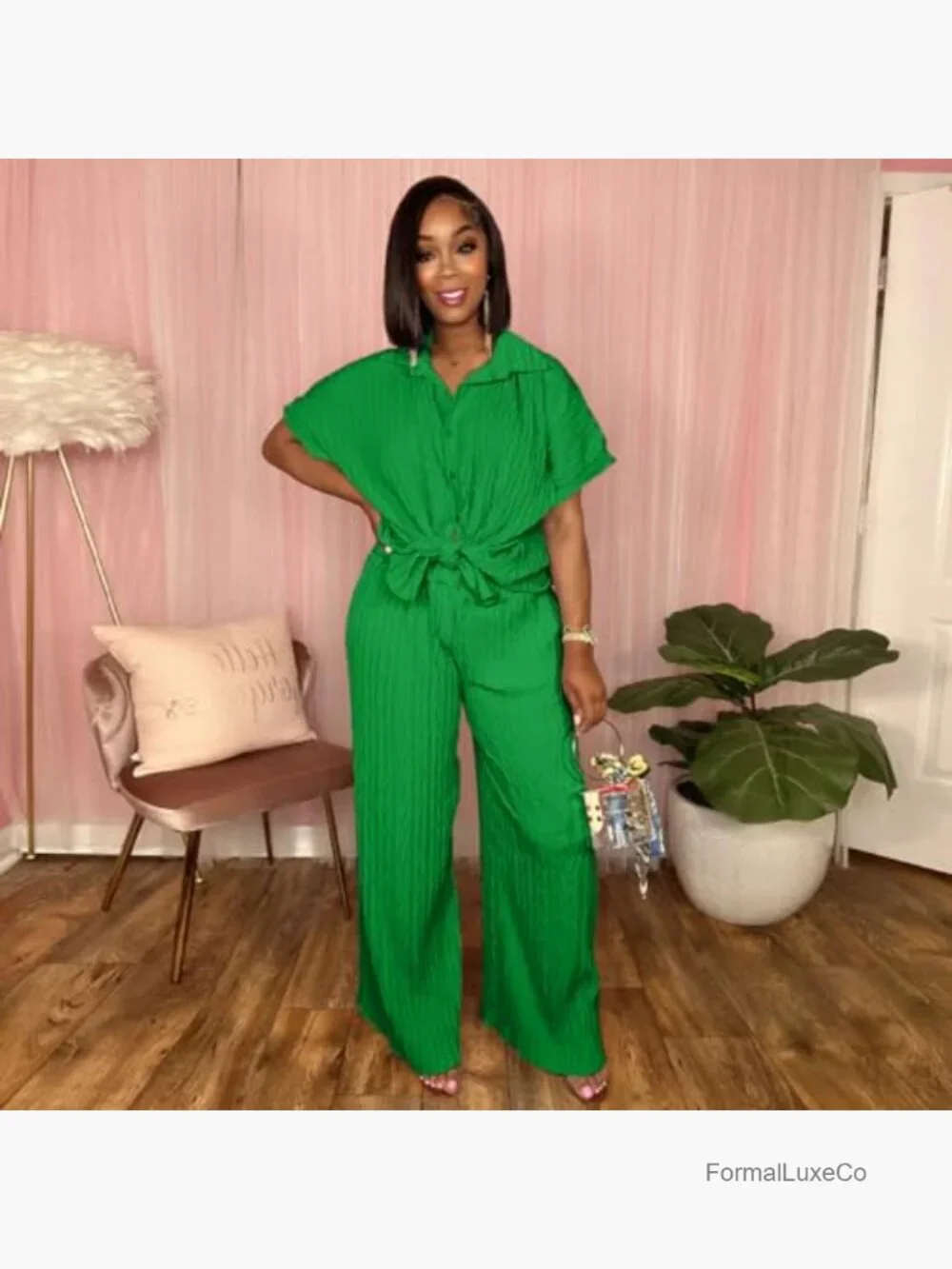 Two Piece Set: Button Down Shirt and Wide Leg Pants Matching Set
